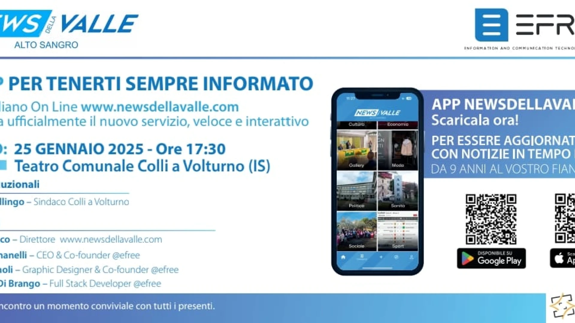 Sabato 25 gennaio presso il teatro comunale di Colli a Volturno la presentazione ufficiale dell’App del quotidiano telematico Newsdellavalle.